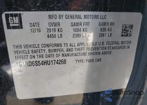 2017 Chevrolet Volt Premier z USA, uszkodzony, nr VIN 1G1RD6S54HU174268